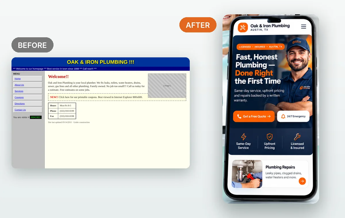 Before and after redesign concept for Oak & Iron Plumbing, a fictional business