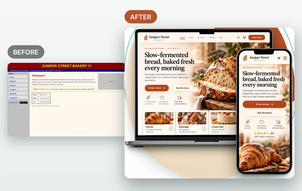 Before and after redesign concept for Juniper Street Bakery, a fictional business