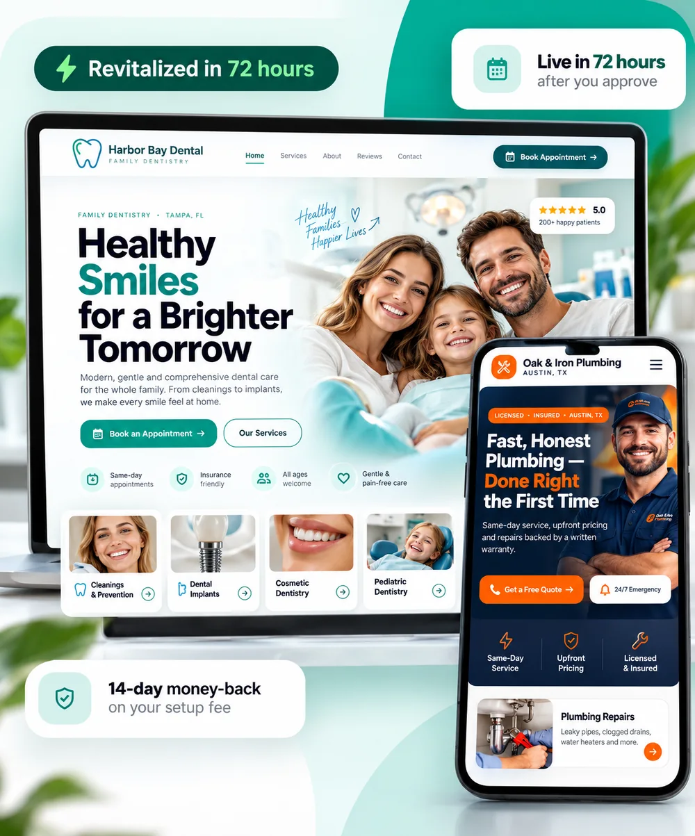 Redesign concepts: a family dental website on a laptop and a plumbing website on a phone
